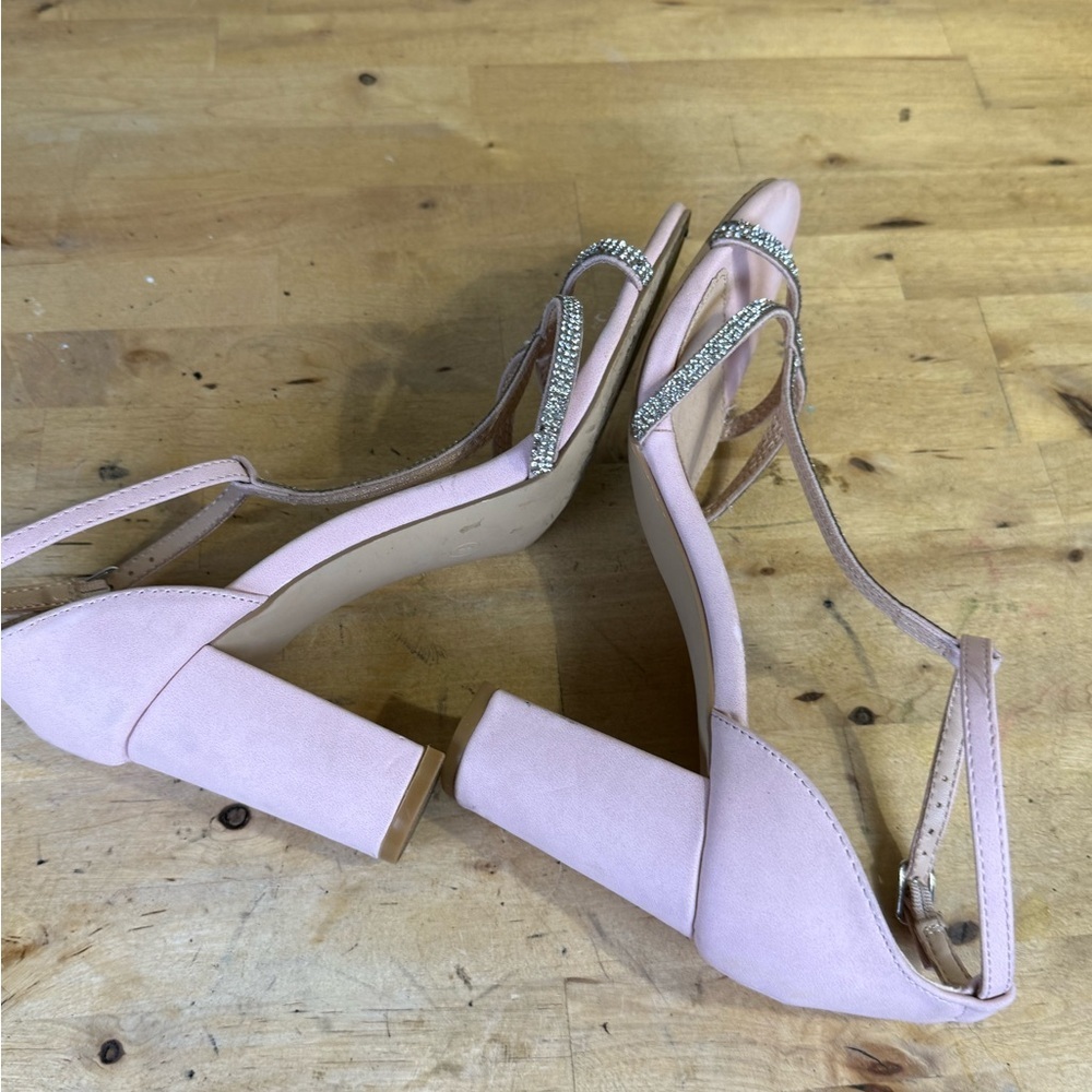 Pink Rhinestone T-Strap Block Heel Sandals Size 8 - Picture 10 of 13